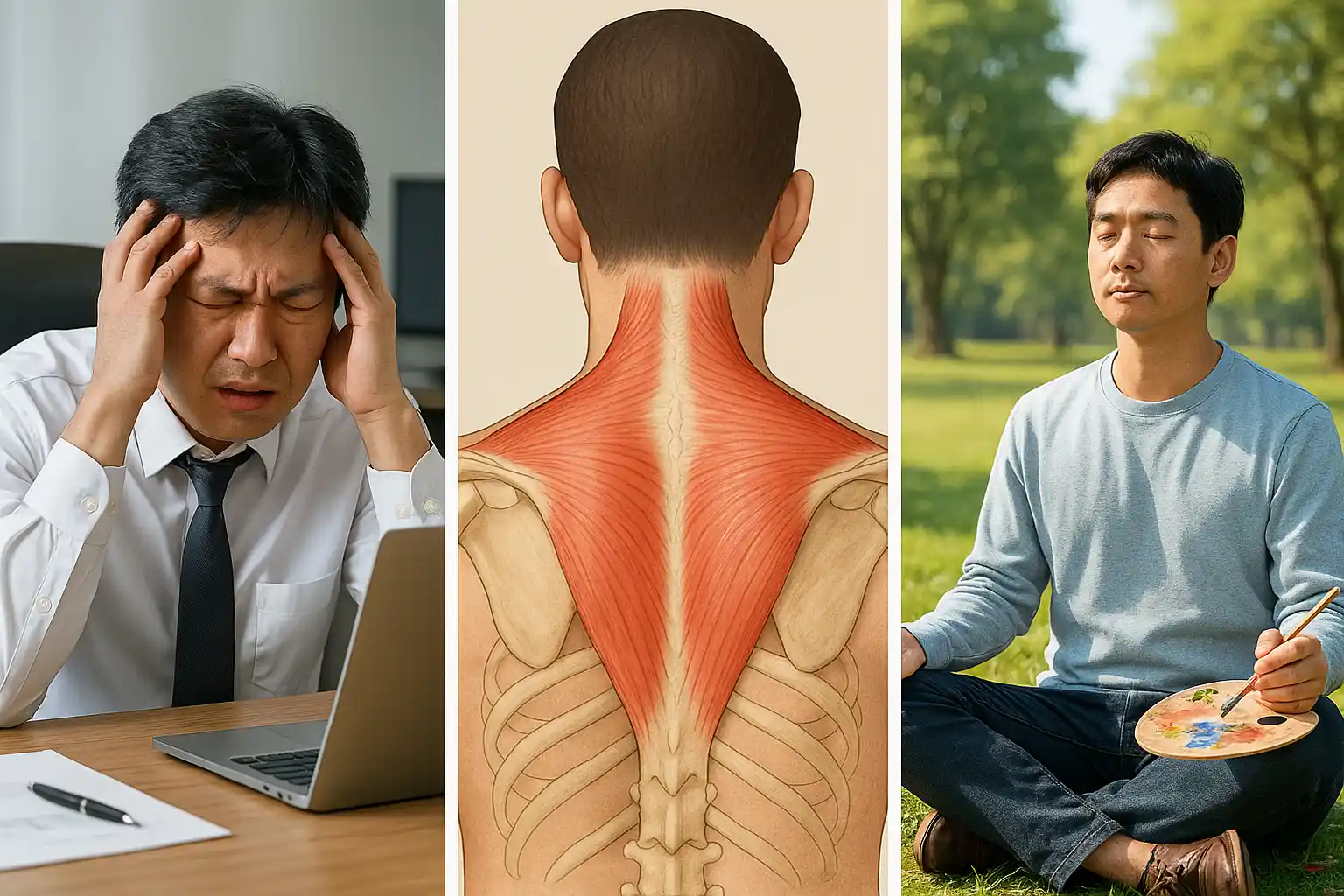 스트레스를 받는 직장인의 모습, 머리를 감싸쥔 사람과 긴장된 승모근 일러스트, 명상이나 취미 활동으로 스트레스를 해소하는 장면
