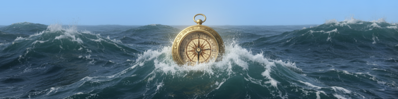 거친 파도위에 떠 있는 나침반 모습이 스본스도 원리 학습의 중요성을 암시하는 이미지