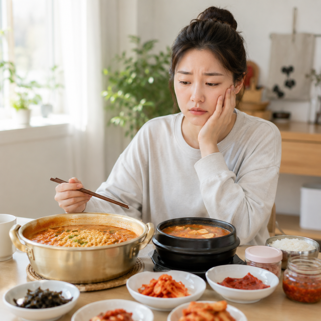 짠 음식과 야식이 얼굴 붓기의 원인이 될 수 있음을 표현한 이미지