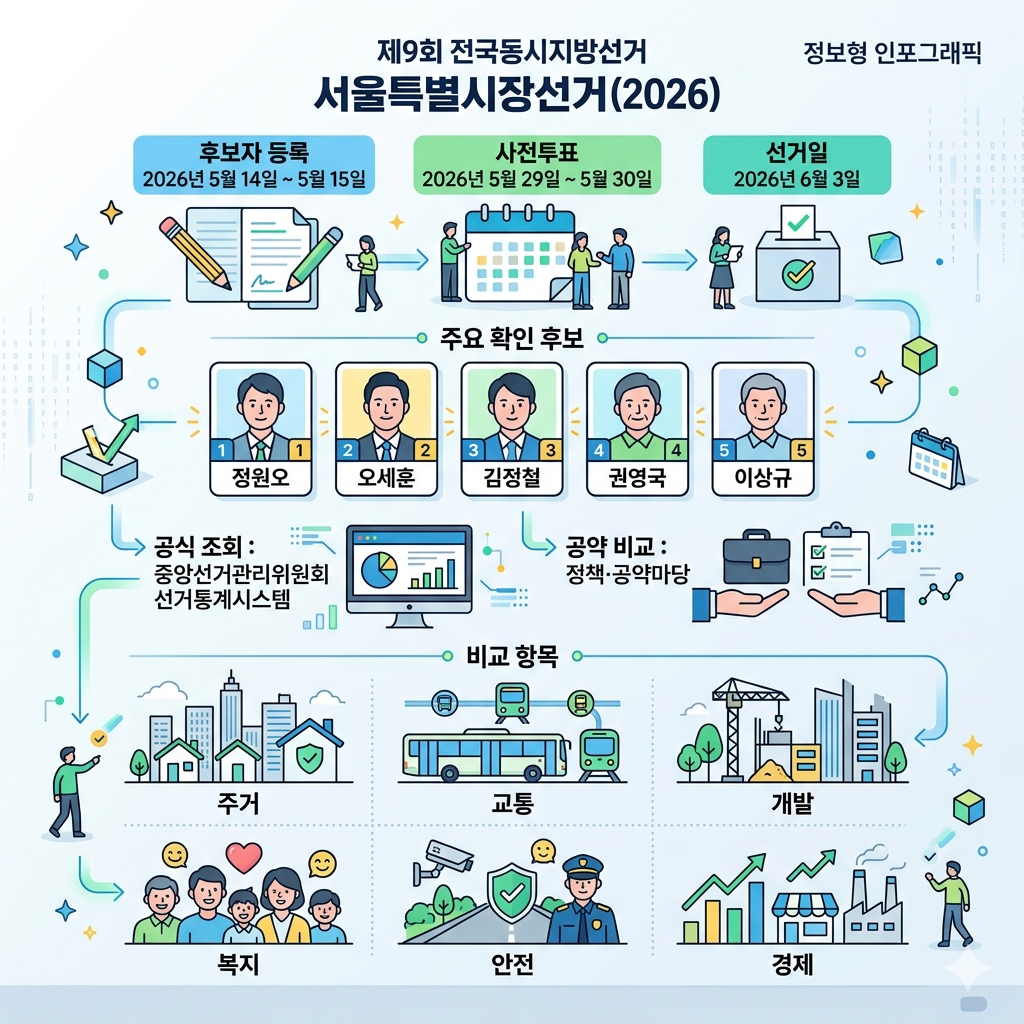 서울시장 후보 2026 후보자 명단&middot;공약&middot;일정 공식 조회 방법 인포그래픽