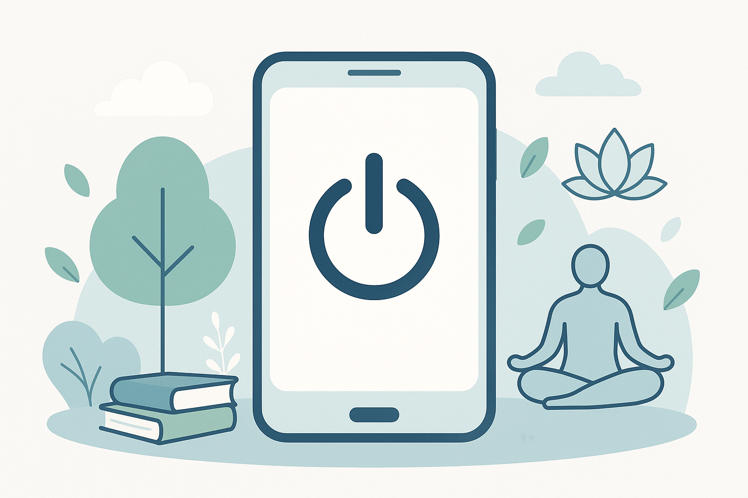 Digital detox concept illustration showing smartphone being turned off surrounded by peaceful natural elements representing digital wellness and healthy lifestyle balance