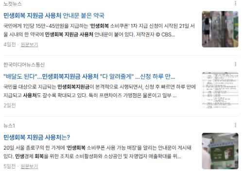 민생회복지원금 사용처, 관련 뉴스 기사들