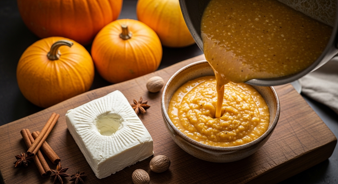 호박죽을 그릇에 담고 실온 상태의 부드러운 크림치즈가 옆에 놓여있는 모습. 요리의 준비 과정을 보여줍니다.