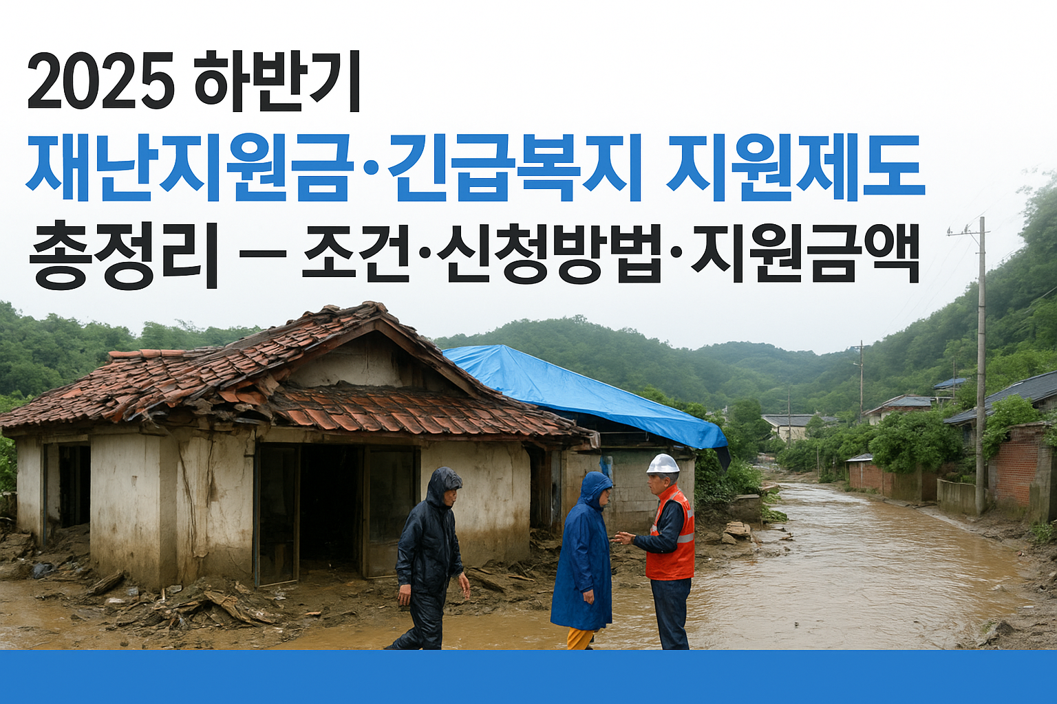재난으로 침수된 주택과 구호 활동 현장, 2025 하반기 재난지원금 안내