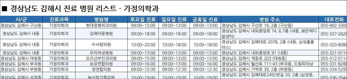 김해시-일요일-진료병원-리스트-예시