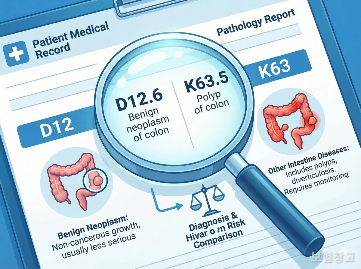 질병코드 D12와 K63의 차이를 비교하여 보여주는 인포그래픽 스타일 이미지