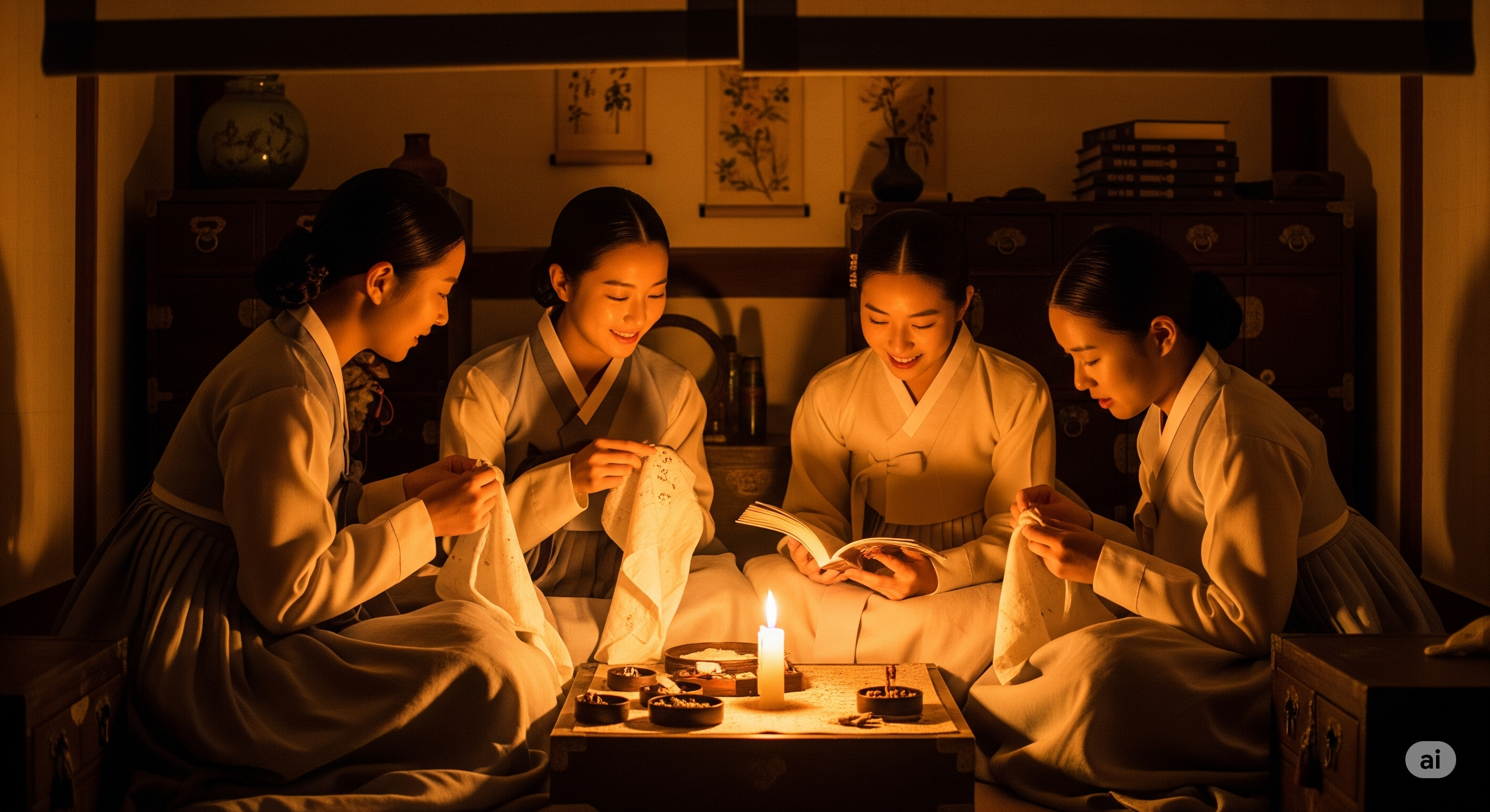 A warm scene of court ladies sharing their friendship in their own space late at night