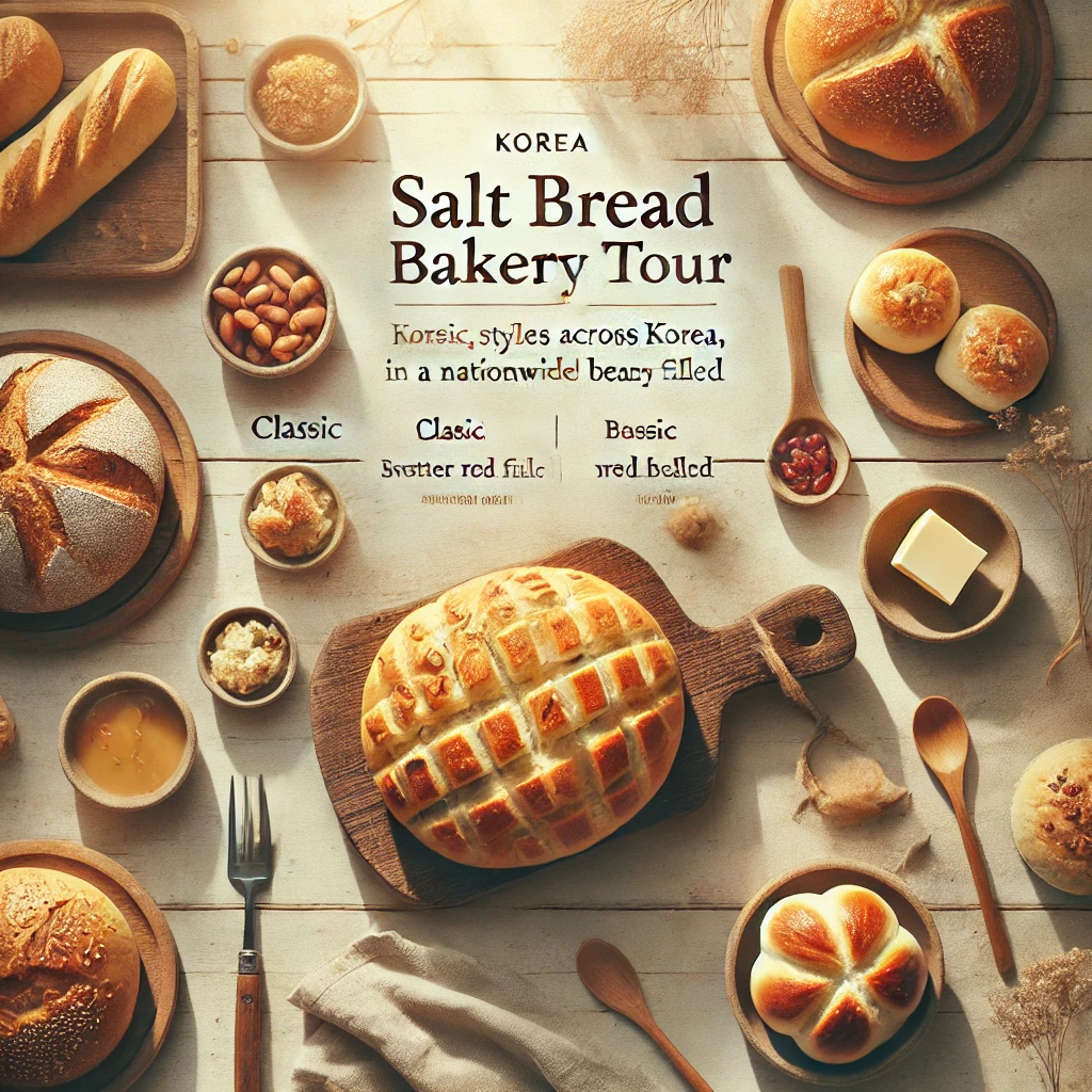 다양한 스타일의 소금빵이 자연광 아래 놓인 구성