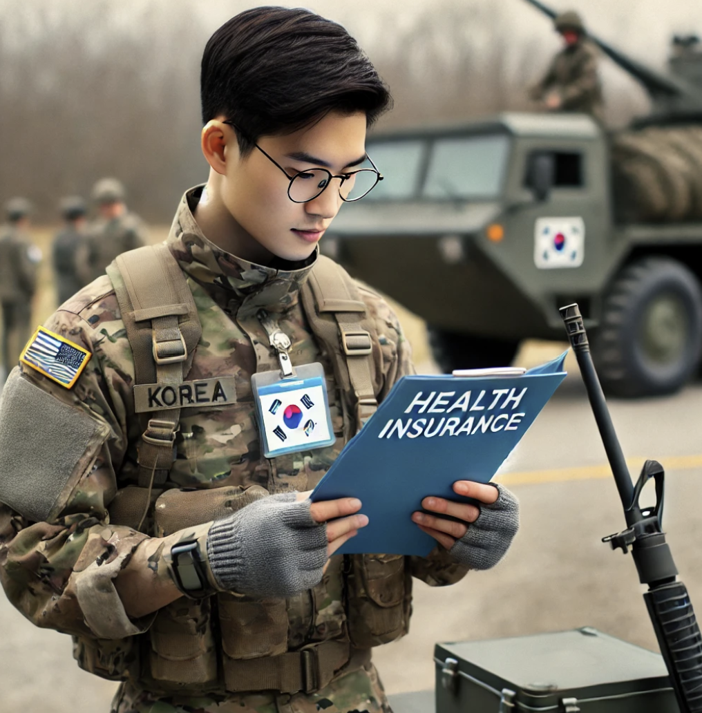 군 복무 중 건강보험 문서를 보는 군인 