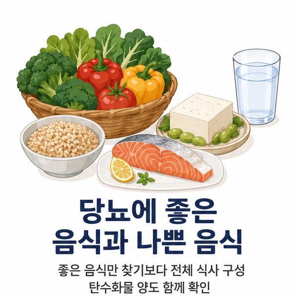 채소와 통곡물, 생선과 두부를 균형 있게 배치해 당뇨 식사에서는 특정 음식 하나보다 전체 식사 구성과 탄수화물 양을 함께 관리해야 함을 보여 주는 그림