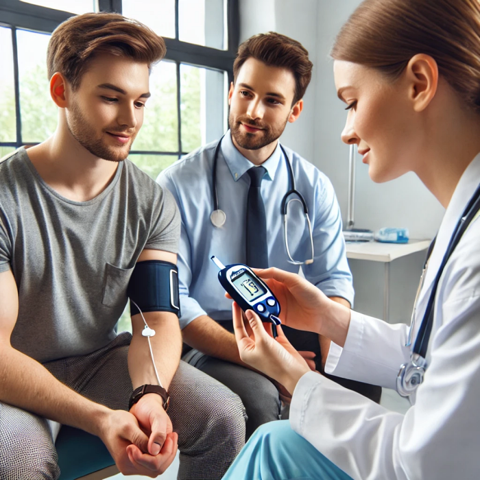 병원 대기실에서 환자가 의료진의 도움을 받으며 아큐첵 퍼포마를 사용하는 모습.