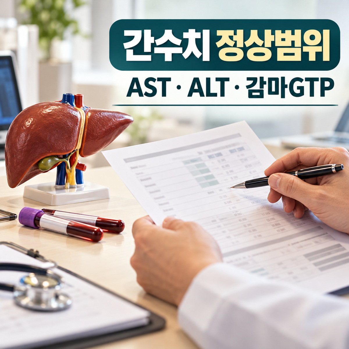 간 모형과 채혈관 옆에서 간수치 검사 결과를 살펴보는 모습에 AST&middot;ALT&middot;감마GTP 제목이 적힌 대표 이미지