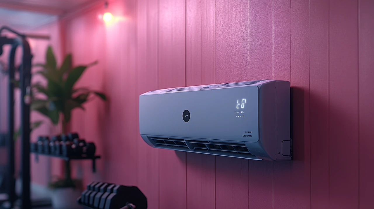 세련된 홈짐에서 운동에 적합한 최적의 온도를 유지하는 벽걸이 에어컨은 운동 효율성을 높입니다. 운동 공간과 기술의 완벽한 호흡을 보여줍니다.