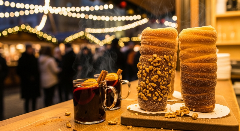 동유럽 크리스마스 마켓에서 즐길 수 있는 뜨르들로와 따뜻한 뱅쇼, 그리고 배경의 축제 분위기