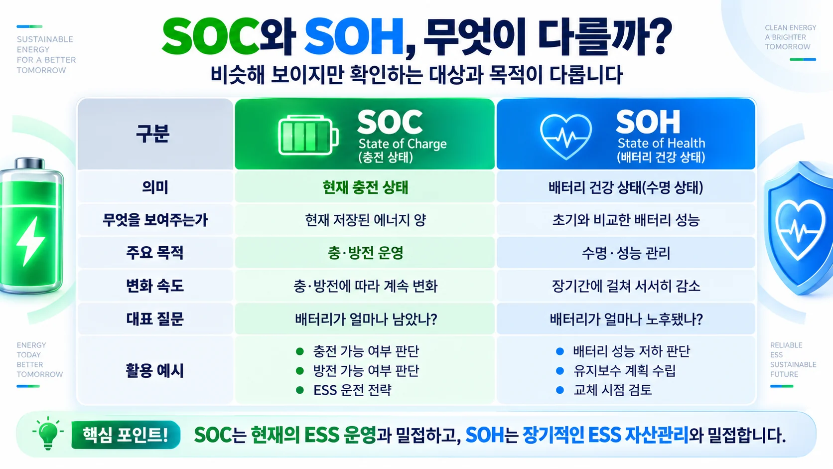 ESS 배터리 SOC와 SOH의 의미와 활용 차이 비교표