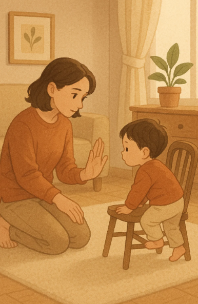 의자 위에 올라간 아이를 차분히 제지하는 부모의 모습