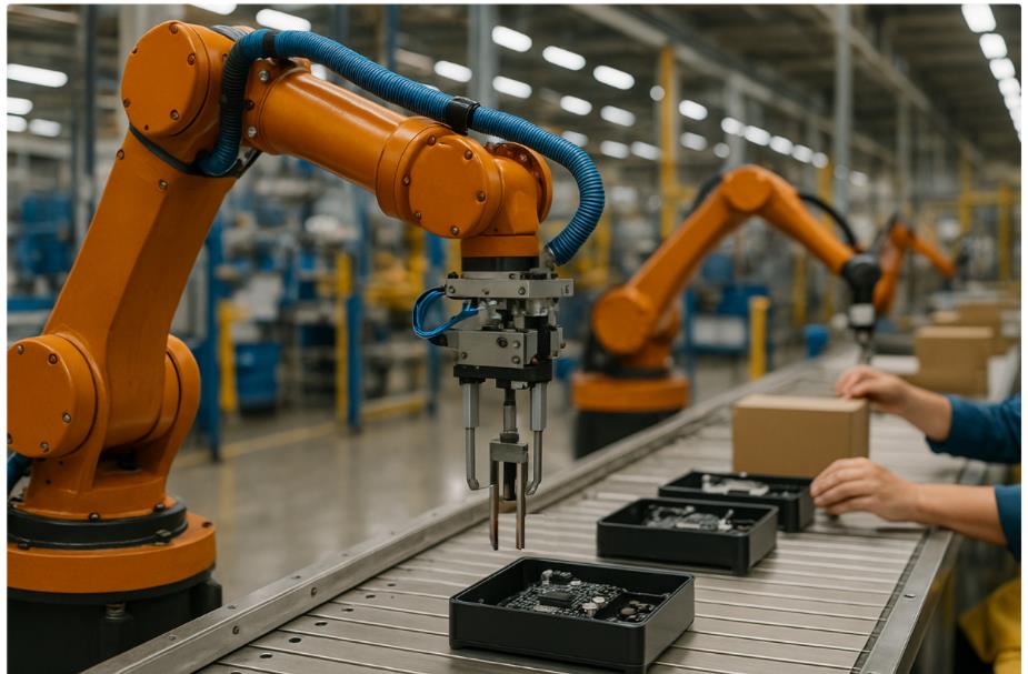 조립 라인에 투입된 로봇이 전자 제품을 조립하는 모습