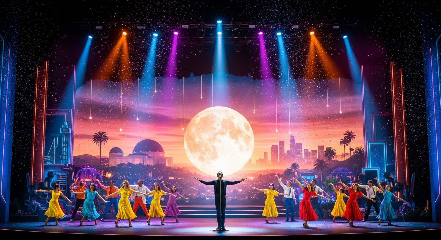 다수의 인물이 화려한 색감 속에서 춤추고 노래하는 와이드 샷