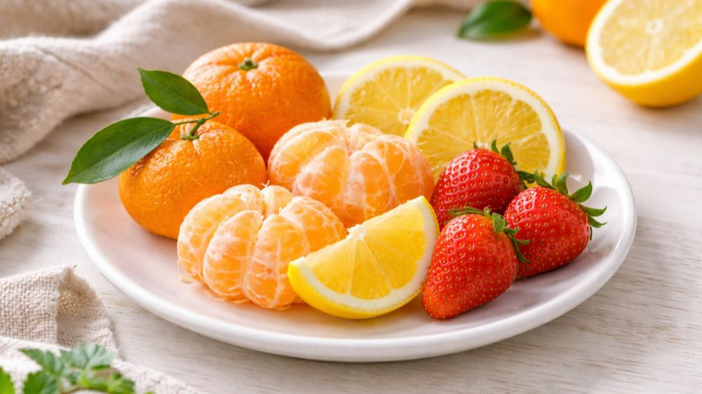 흰 접시 위에 귤, 딸기, 레몬 조각이 밝은 톤으로 담긴 비타민 C 과일 플레이팅 사진. 상큼한 색감과 깔끔한 식탁 분위기.