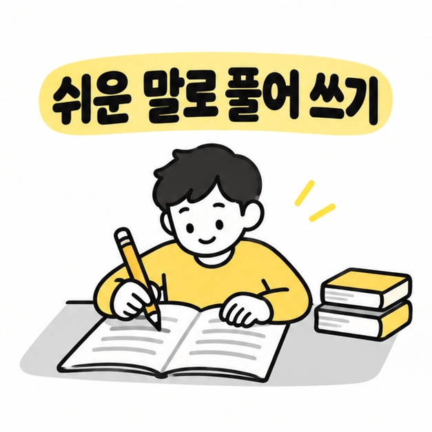 쉬운 말로 풀어 쓰자는 문구와 문장을 고치는 학습자 일러스트