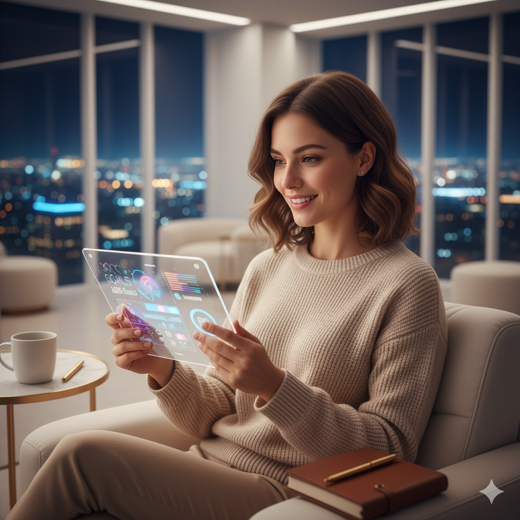 밝고 미래지향적인 배경 앞에서 태블릿을 보며 새해 계획을 세우는 지적이고 아름다운 20대 여성 모델.