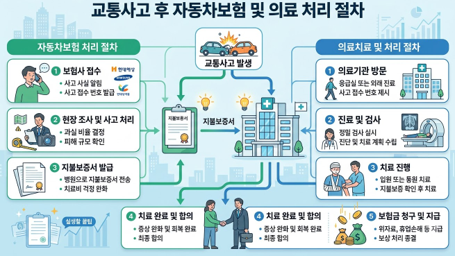 동차보험과 진료 절차를 표현한 인포그래픽