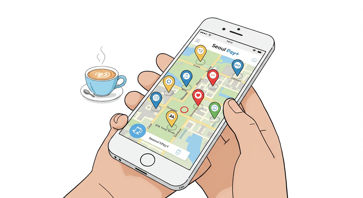 서울페이+ 앱으로 소비쿠폰 사용 가능한 카페를 검색하는 장면