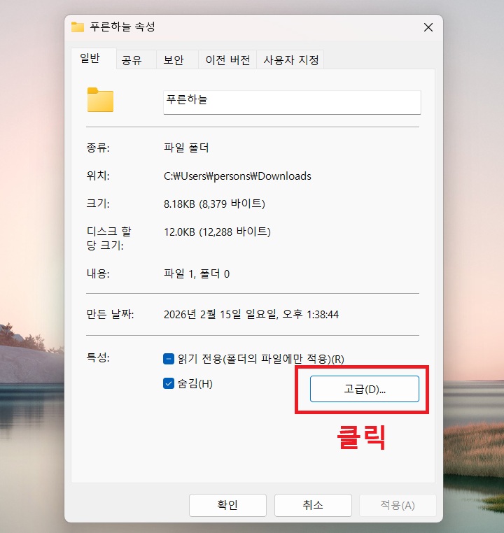 속성창 하단에 고급 메뉴 버튼 보임