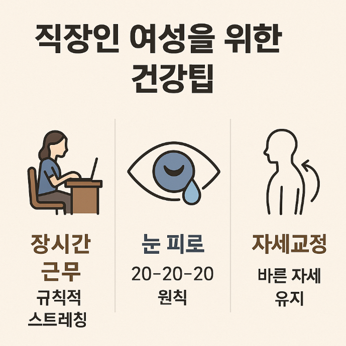 직장인 여성을 위한 건강팁 (장시간 근무, 눈 피로, 자세교정)