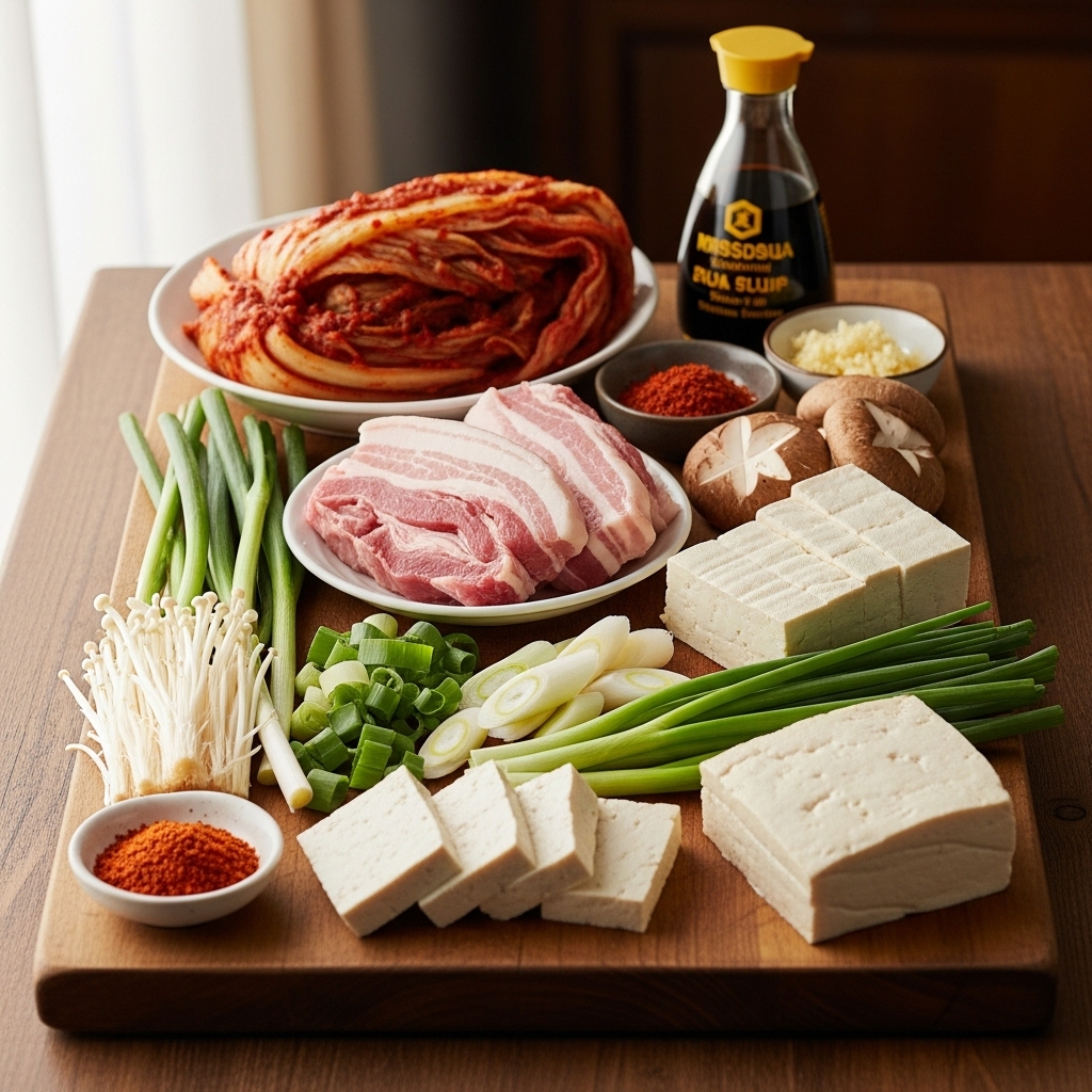 김치찌개 재료들이 나무 도마 위에 가지런히 놓여있는 모습. 잘 익은 김치, 돼지고기, 두부, 대파 등 신선한 재료들이 눈길을 끈다.