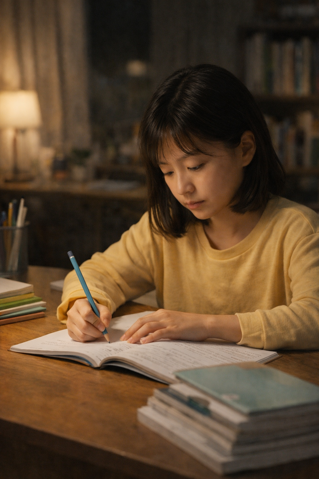 책상에서 공부하는 소녀