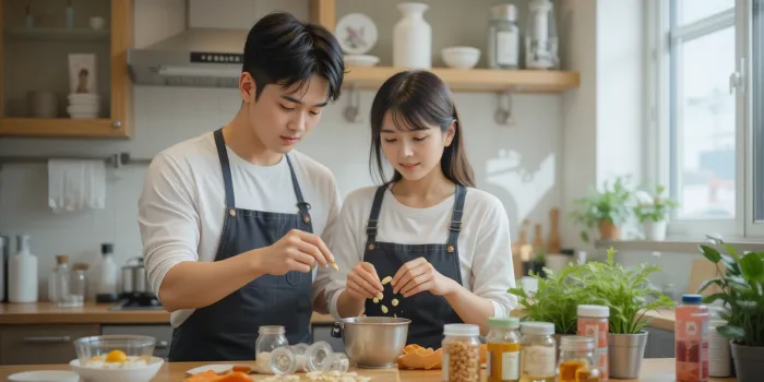 주방에서 함께 피세틴 챙기는 커플