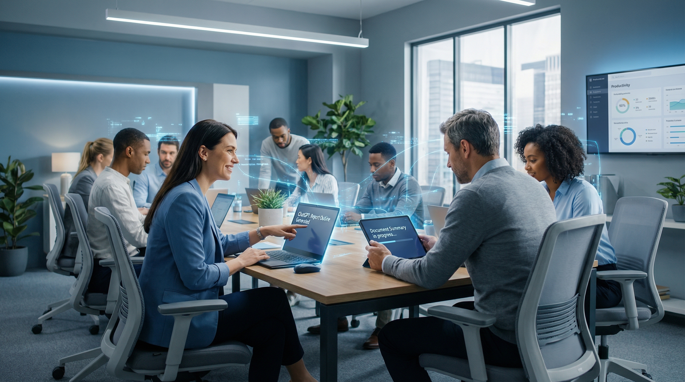 비전공 직장인들이 챗GPT를 활용하여 자료를 조사하고 보고서를 작성하며 업무 효율을 높이는 현대적인 사무실 풍경.