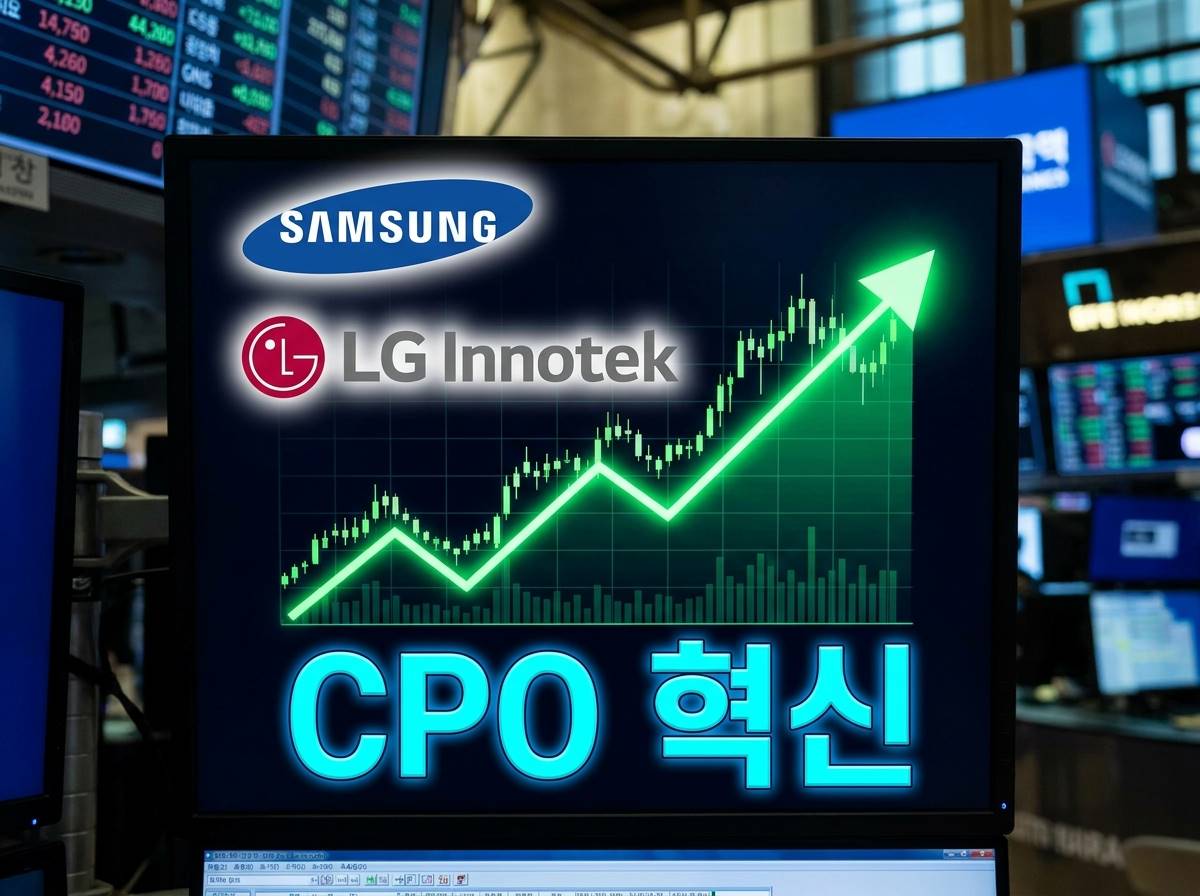 주식 시장 차트 화면 위에 삼성전기와 LG이노텍의 로고가 배치되어 있고, 주가 그래프가 우상향하며 'CPO 혁신'이라는 텍스트가 강조된 이미지