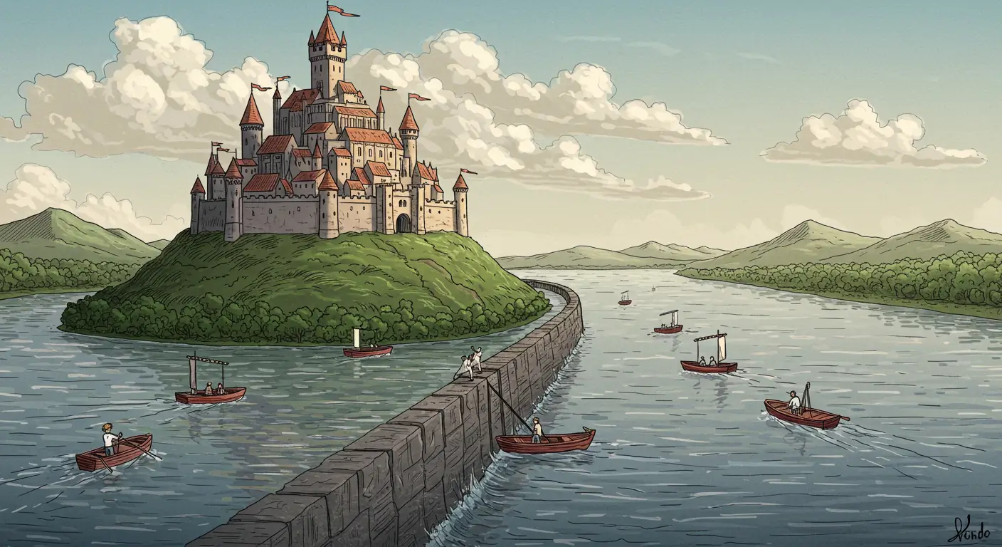 외부 경쟁자들의 진입을 막는 견고한 성과 넓은 강(해자)을 통해, 워런 버핏의 '경제적 해자' 투자 철학을 상징하는 이미지