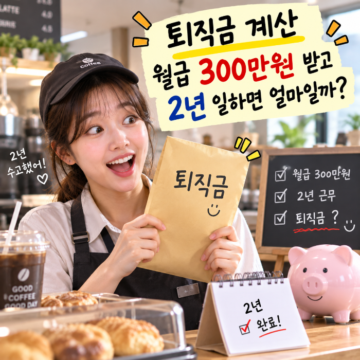 월급 300만원을 받고 카페에서 2년 근무한 알바생이 퇴직금 계산 후 받을 예상 금액을 궁금해하는 이미지