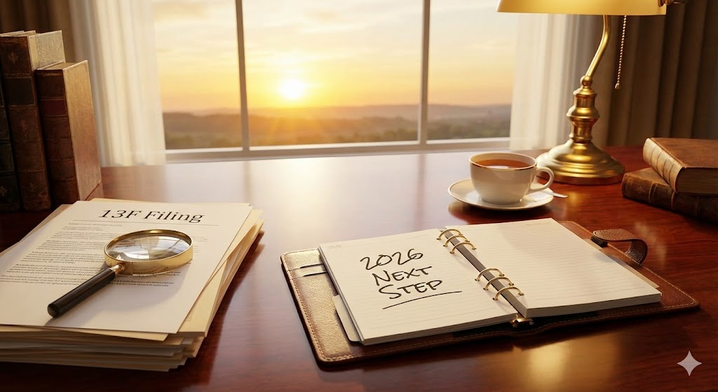 서재 책상 위 13F 서류 위로 돋보기가 놓여 있고, 창밖으로는 새로운 태양이 떠오르는 모습. '2026 NEXT STEP' 다이어리 강조