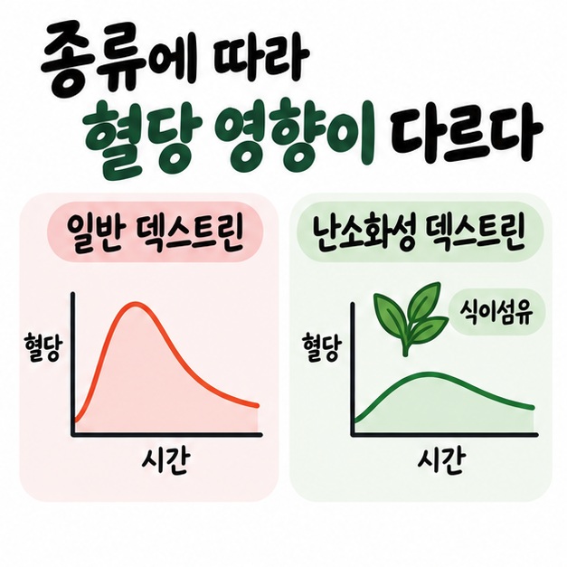 일반 덱스트린과 난소화성 덱스트린을 좌우로 비교해 혈당 영향이 다름을 설명하는 카드