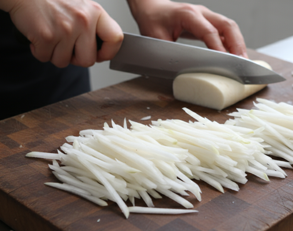 로 무를 얇고 일정한 두께(약 3mm)로 채 썰고 있는 모습.