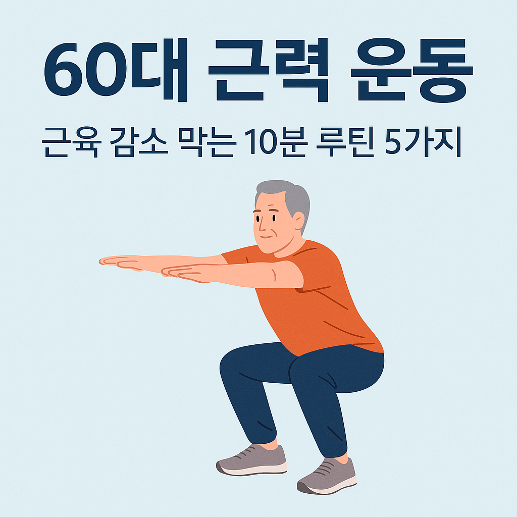 60대 시니어가 집에서 근력 운동을 하는 모습의 인포그래픽