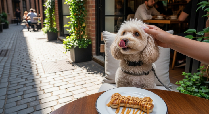 세련된 펫 프렌들리 카페 야외 테이블에 앉아 간식을 먹는 푸들과 그를 쓰다듬는 보호자의 손.