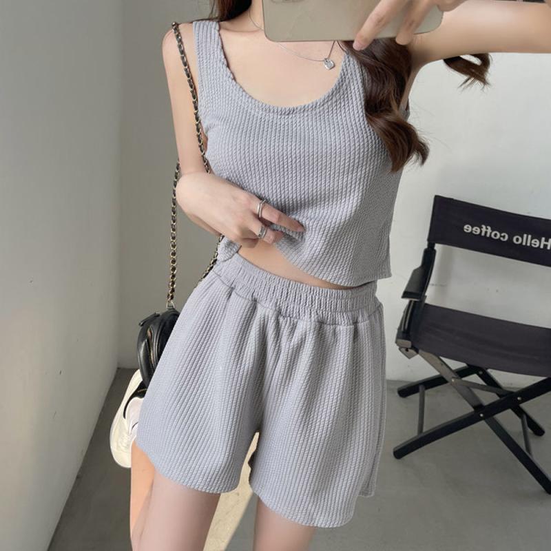 보웬 여자 와플 나시 반바지 세트 크롭 500246