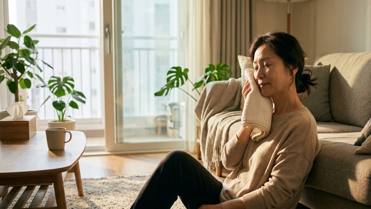 따뜻한 수건을 얼굴 한쪽에 대고 쉬는 여성