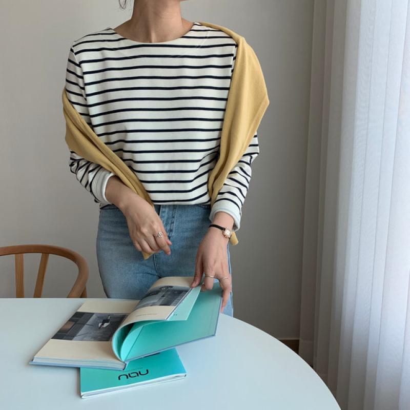 502 탄탄한 긴팔 기본 스트라이프 단가라 면 티셔츠 봄 가을 이너 데일리