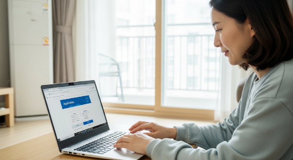 노트북으로 신청 사이트에 접속하는 한부모