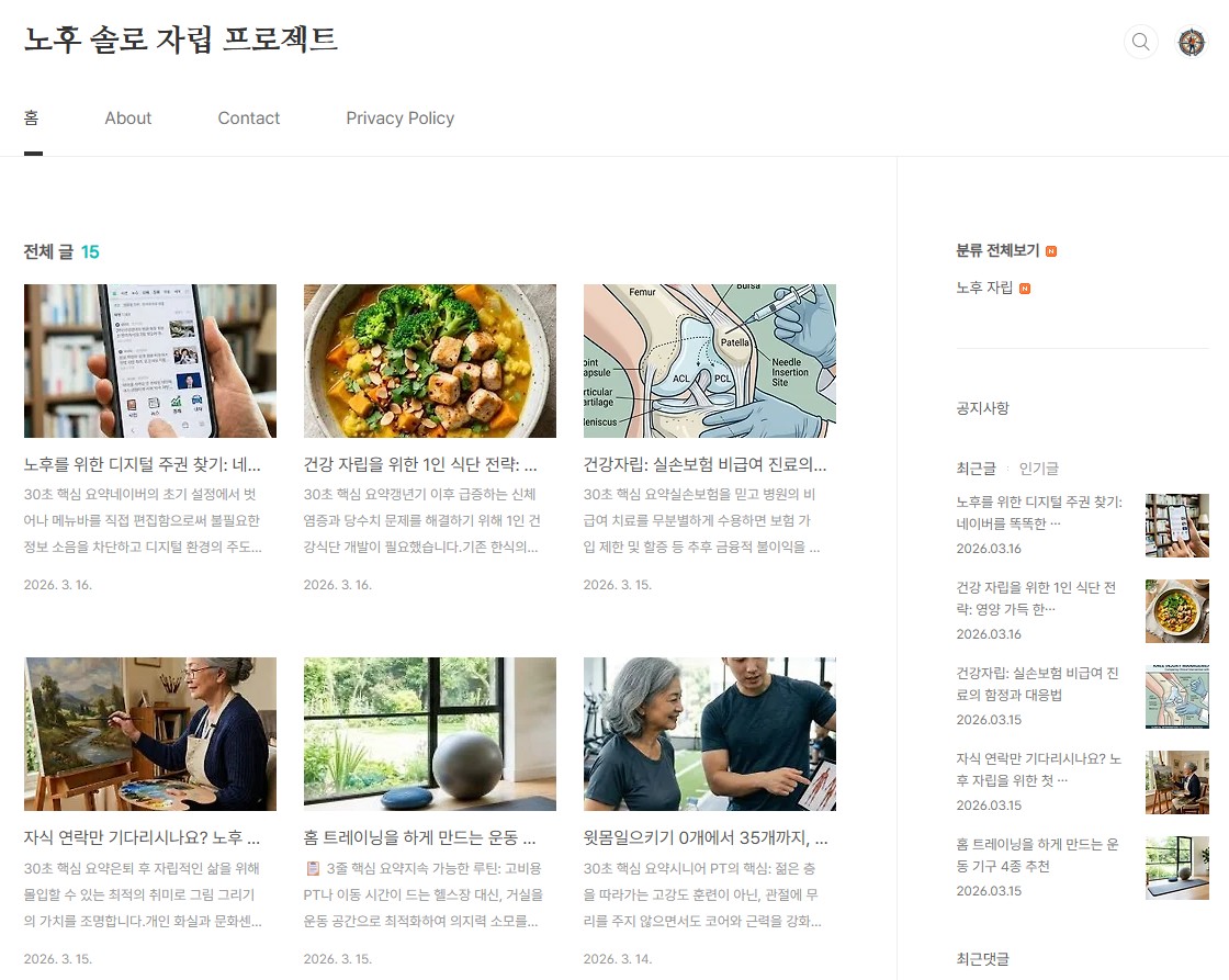 노후 솔로 자립 프로젝트 블로그 메인 화면