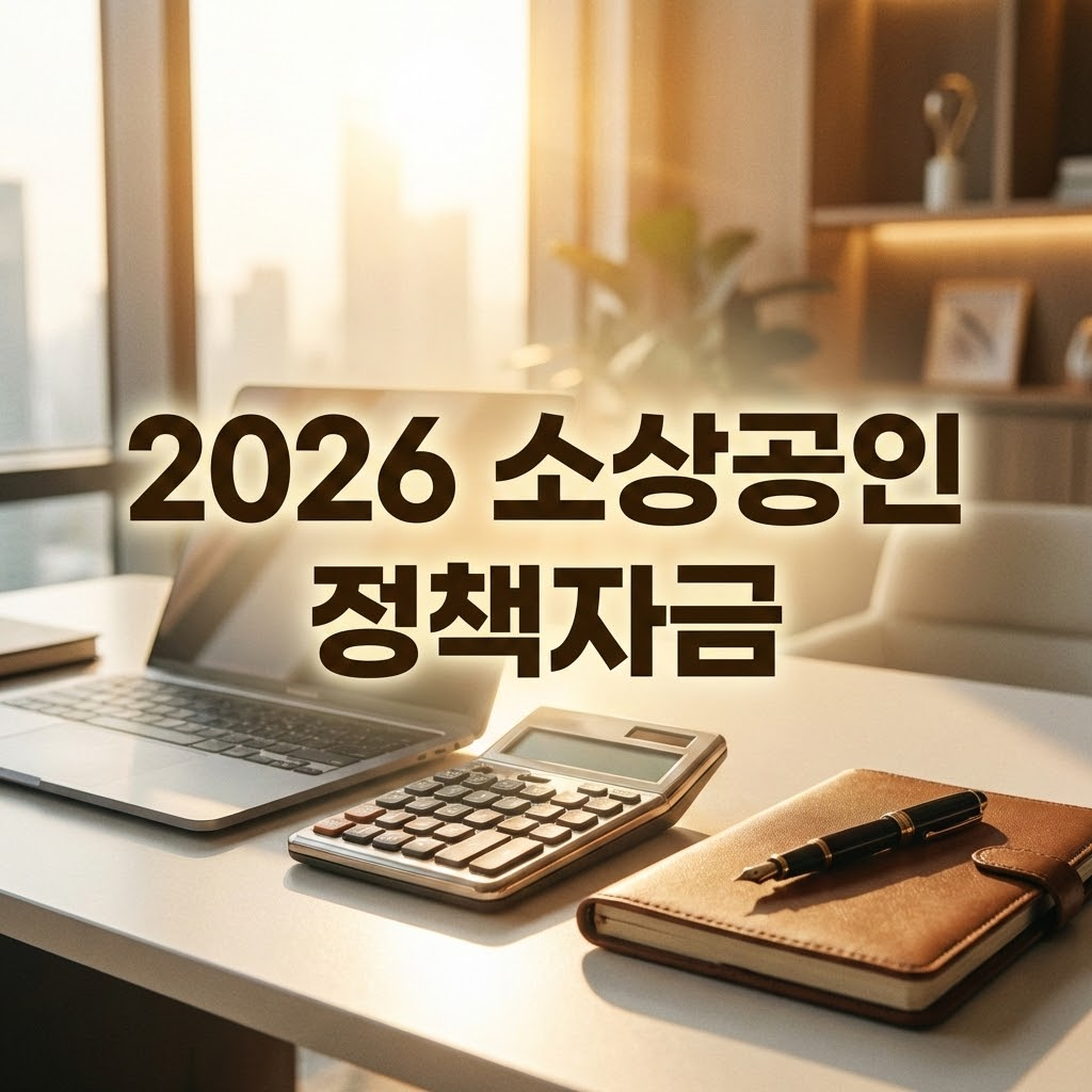노트북과 계산기가 놓인 현대적인 사무실 책상 이미지로, 2026년 소상공인 정책자금 및 금융 지원 가이드를 시각적으로 표현한 블로그 썸네일입니다.