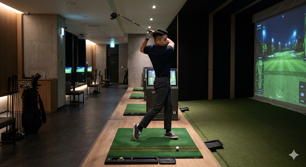 A Korean office worker practicing golf swings alone at a modern indoor golf practice facility late at night. Clean golf bays, automatic ball system, quiet atmosphere, realistic photo, natural lighting, clean composition, professional lifestyle photography, high-resolution detail, no text, no logos, no watermarks