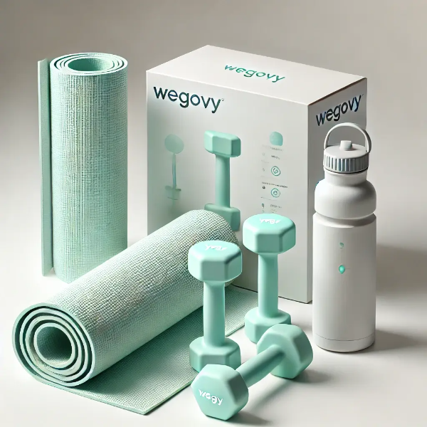 운동 소품과 위고비 제품이 함께 놓인 스튜디오 사진