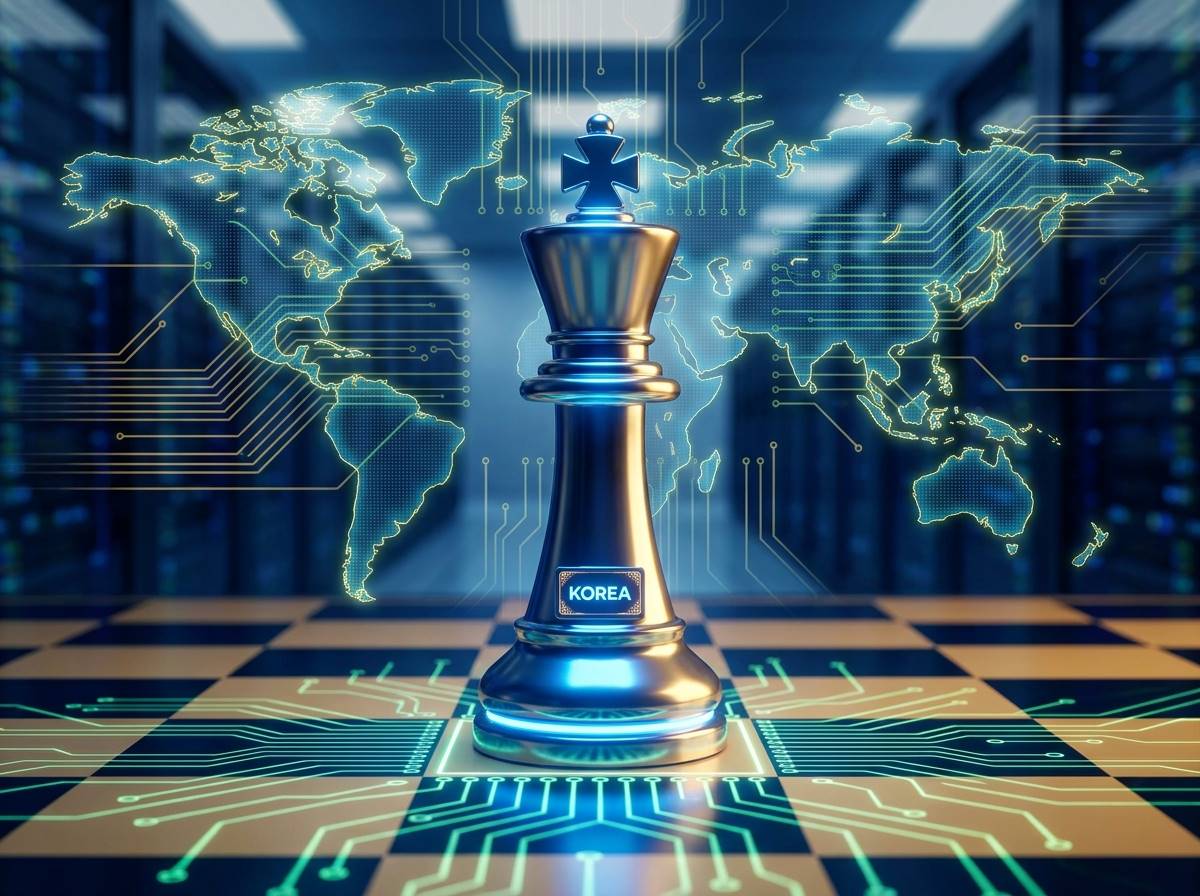 체스판 위에서 한국 반도체 기업을 상징하는 킹(King)이 승리하는 모습
